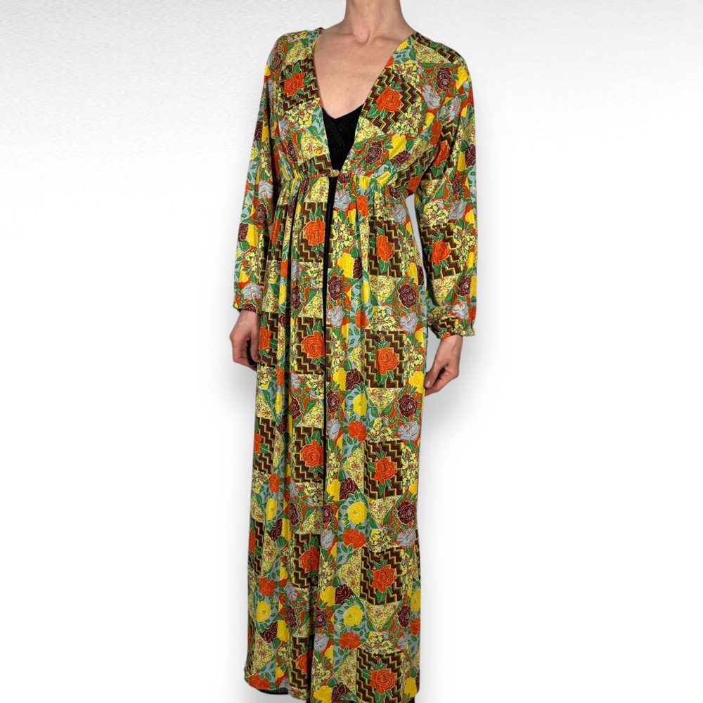 Vintage 70s Floral Patchwork Maxi Dress Cover Up Robe Brown Orange Retro Boho